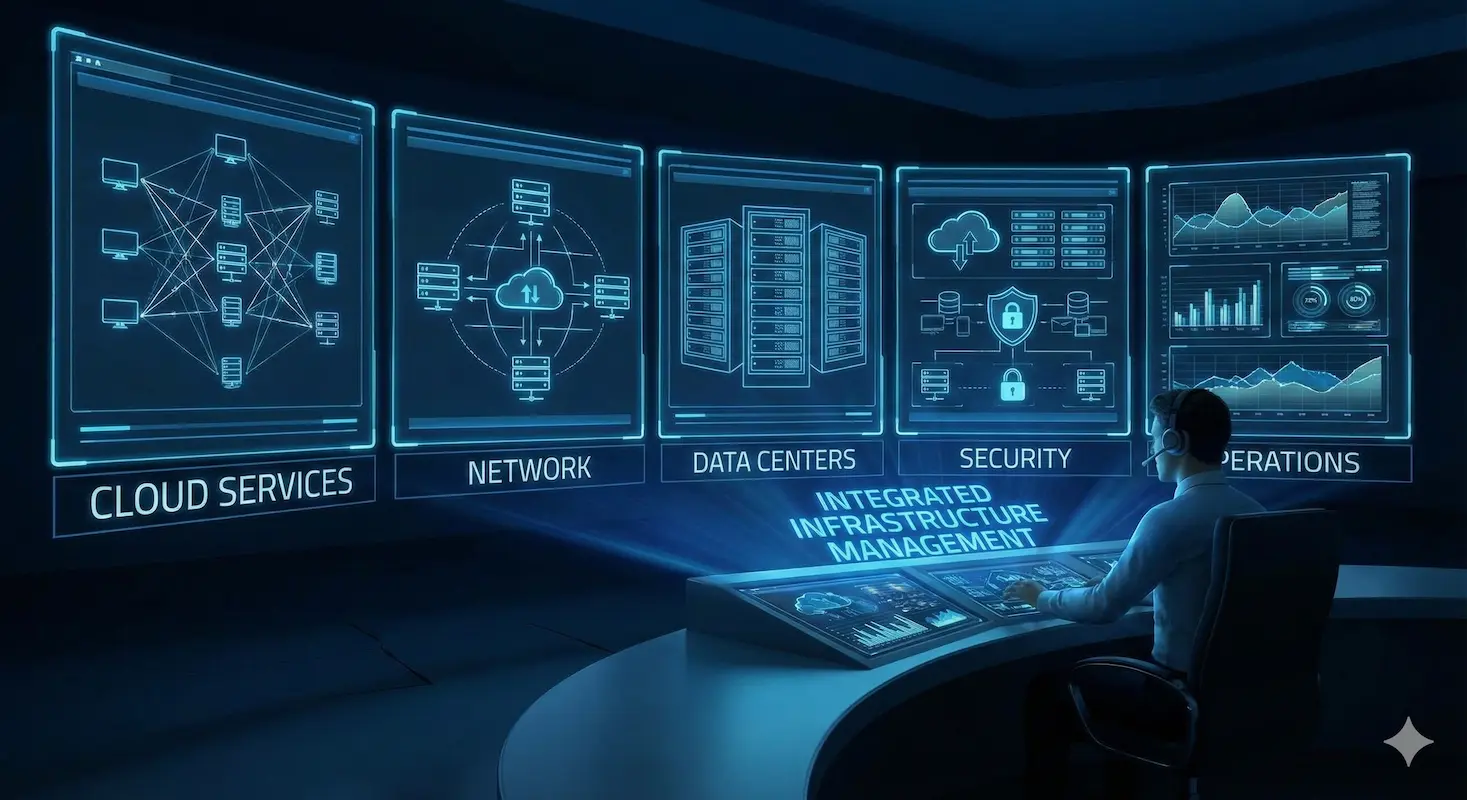 IT infrastructure management hero showing modern data center servers and networking